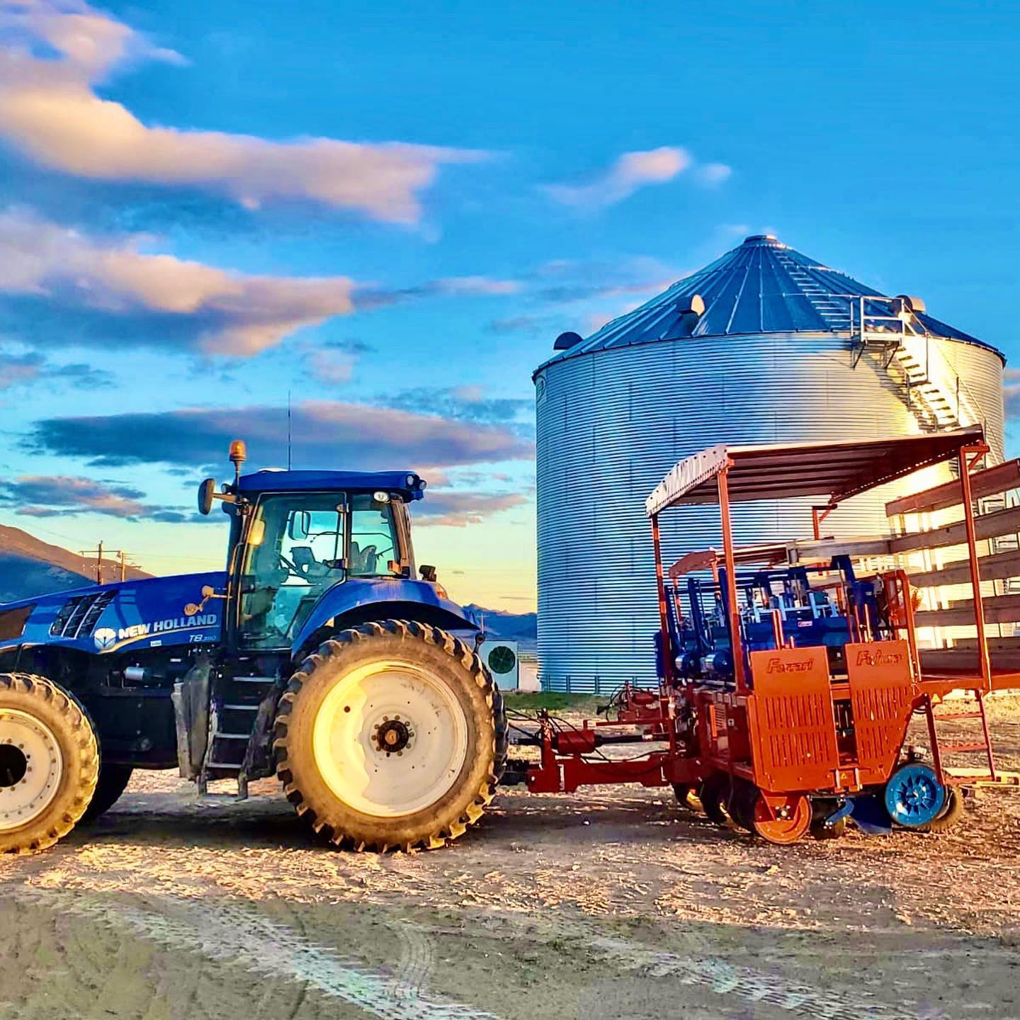 Farm equipment and grain storage infrastructure at Silver Lion Farms in Nevada