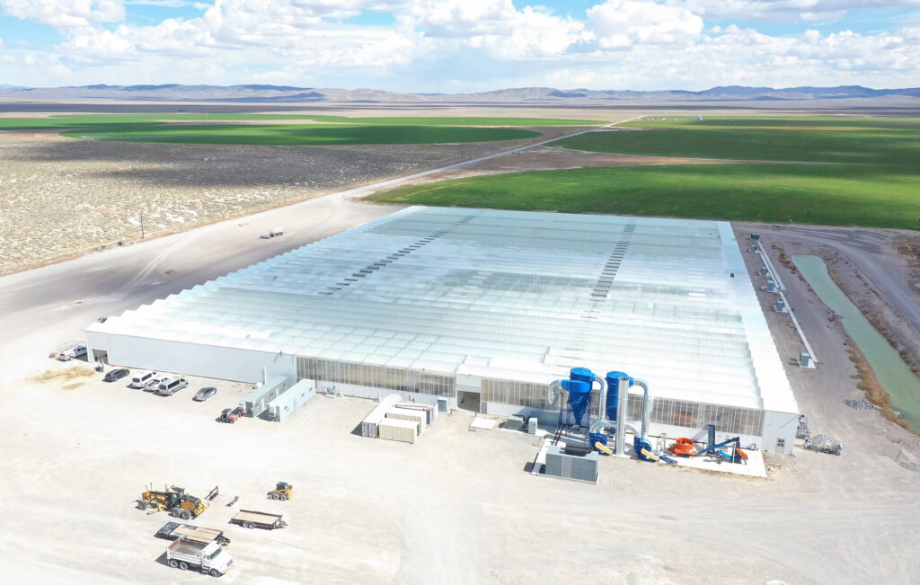 Aerial view of the Silver Lion Farms glasshouse facility and surrounding farmland in Nevada