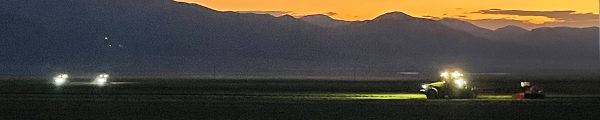 Farm equipment operating during evening harvest at Silver Lion Farms in Nevada